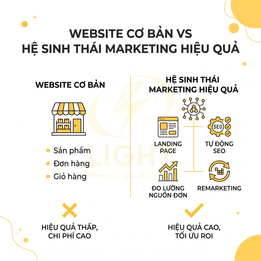 So sánh website cơ bản và hệ sinh thái marketing hiệu quả với landing page, SEO, remarketing, đo lường nguồn đơn