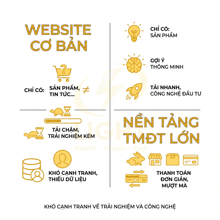 So sánh website cơ bản và nền tảng thương mại điện tử lớn về tốc độ, trải nghiệm và thanh toán