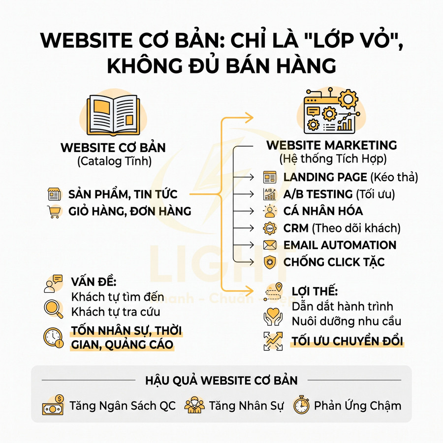 So sánh website cơ bản và website marketing tích hợp với các tính năng tối ưu chuyển đổi bán hàng