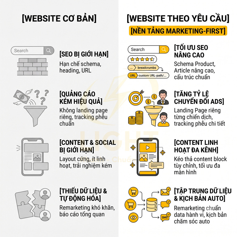 So sánh website cơ bản và website theo yêu cầu với các lợi ích SEO, quảng cáo, content và tự động hóa marketing