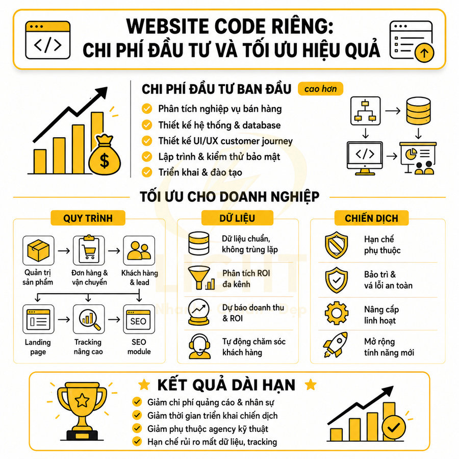 Infographic giới thiệu lợi ích đầu tư website code riêng, tối ưu chi phí, quy trình, dữ liệu và chiến dịch cho doanh nghiệp