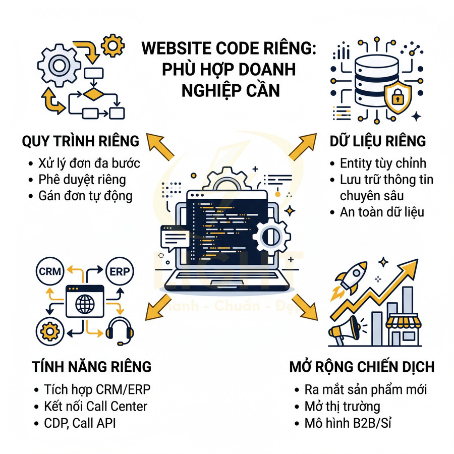 Mô tả lợi ích website code riêng cho doanh nghiệp với quy trình, dữ liệu, tính năng và mở rộng chiến dịch riêng