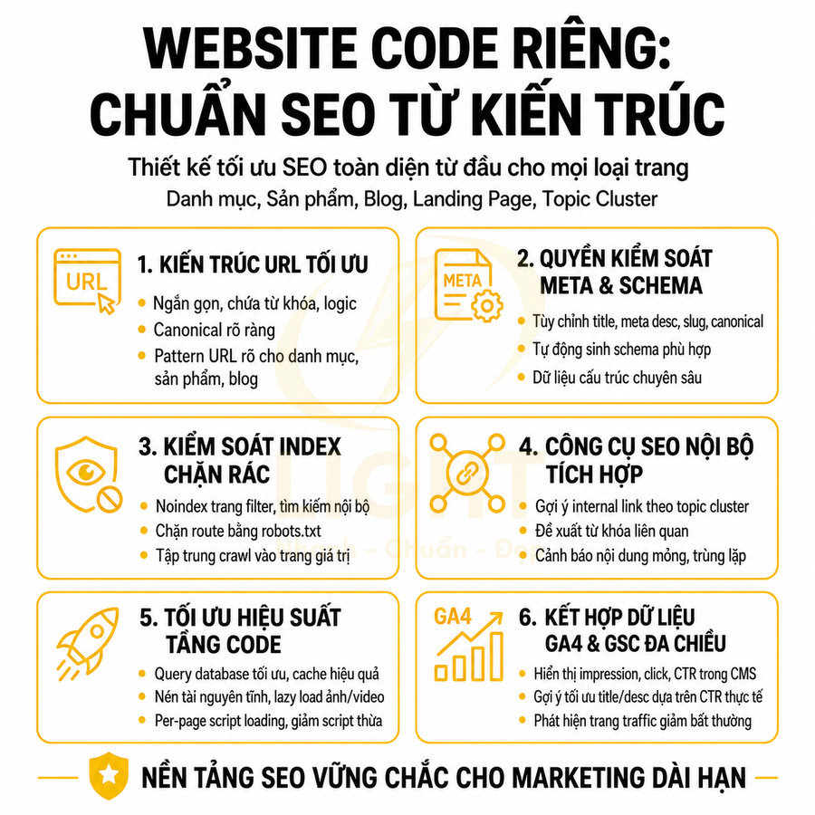 Infographic giới thiệu giải pháp thiết kế website code riêng chuẩn SEO từ kiến trúc và tối ưu hiệu suất marketing