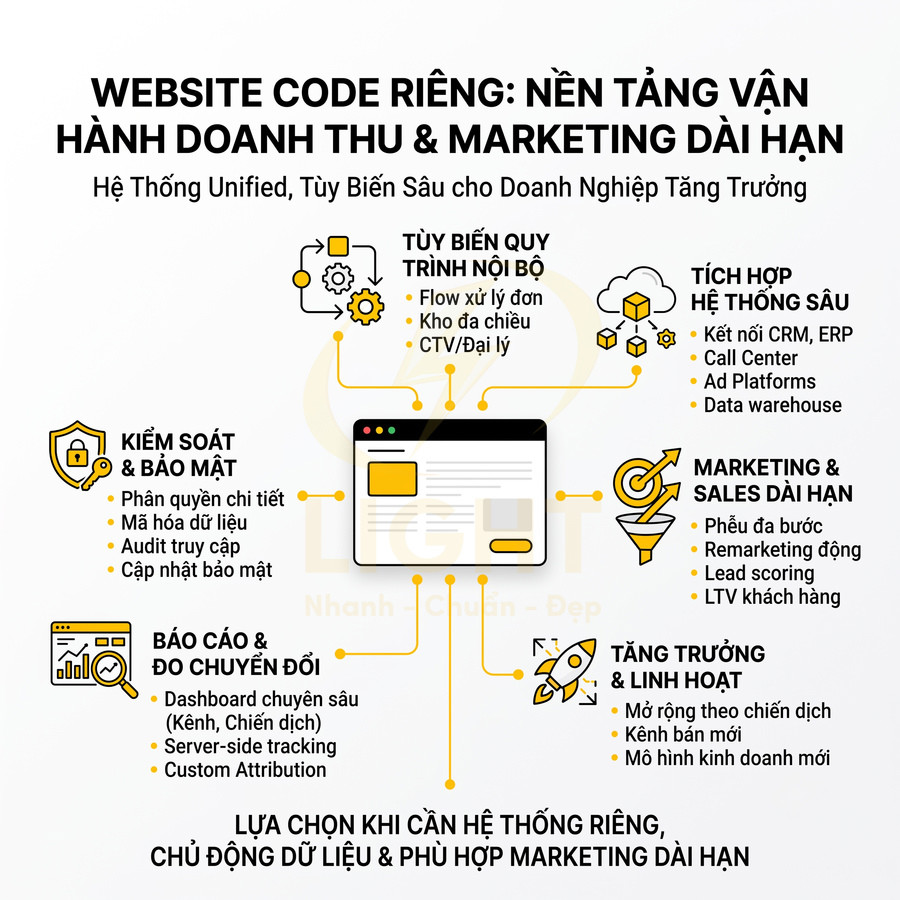 Infographic giới thiệu lợi ích website code riêng cho doanh nghiệp về bảo mật, báo cáo, tích hợp hệ thống và marketing dài hạn