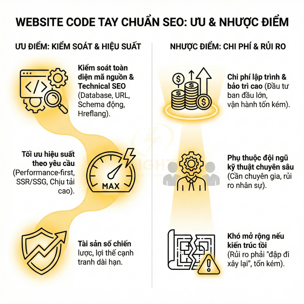 Infographic so sánh ưu điểm và nhược điểm của website code tay chuẩn SEO, tập trung vào hiệu suất và chi phí