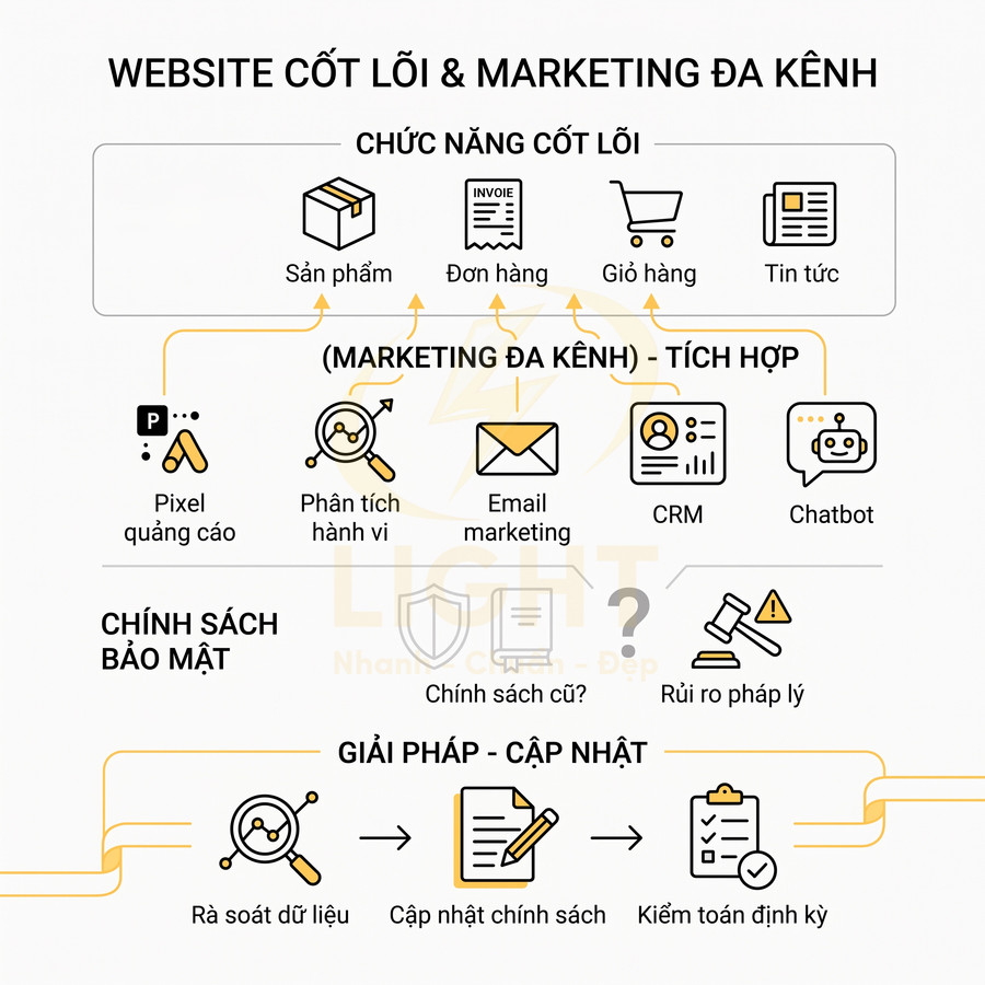 Sơ đồ website cốt lõi tích hợp marketing đa kênh, chính sách bảo mật và giải pháp cập nhật cho doanh nghiệp