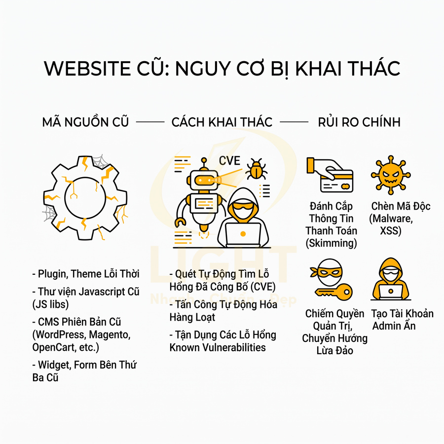 Minh họa website cũ dễ bị khai thác bảo mật, mô tả mã nguồn lỗi thời, cách tấn công và các rủi ro chính