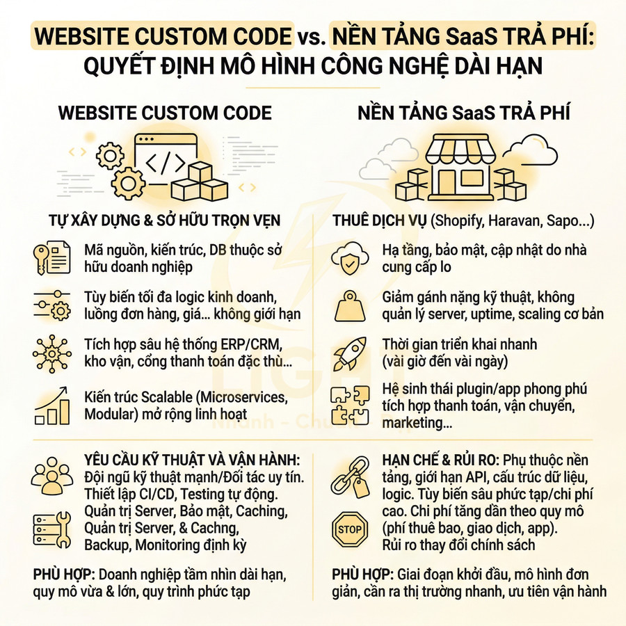 So sánh website custom code và nền tảng SaaS trả phí cho mô hình công nghệ dài hạn