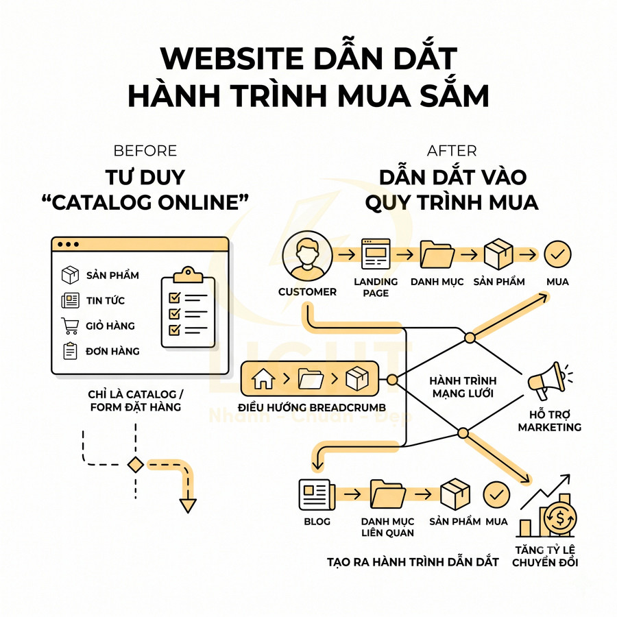 Sơ đồ website dẫn dắt hành trình mua sắm, so sánh tư duy catalog online và quy trình mua tối ưu chuyển đổi
