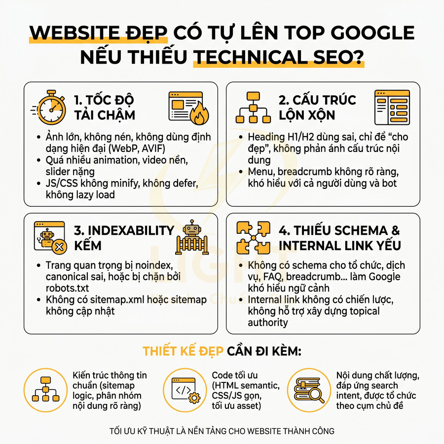 Infographic về các lỗi technical SEO thường gặp và yếu tố cần tối ưu để website đẹp lên top Google