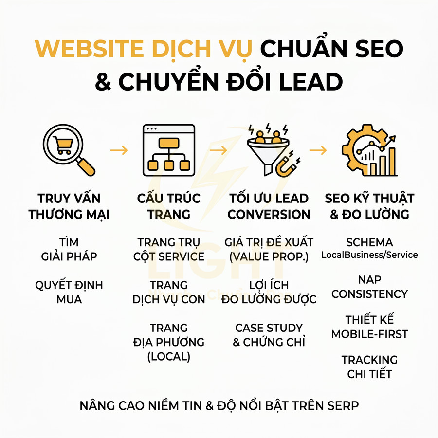 Website dịch vụ chuẩn SEO với quy trình tư vấn, cấu trúc trang, tối ưu lead và SEO kỹ thuật đo lường