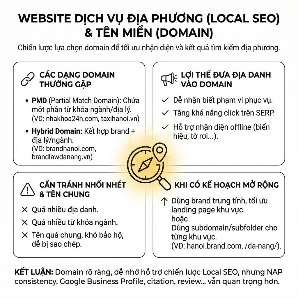 Hướng dẫn chọn tên miền cho website dịch vụ địa phương tối ưu Local SEO với ví dụ domain và lưu ý mở rộng