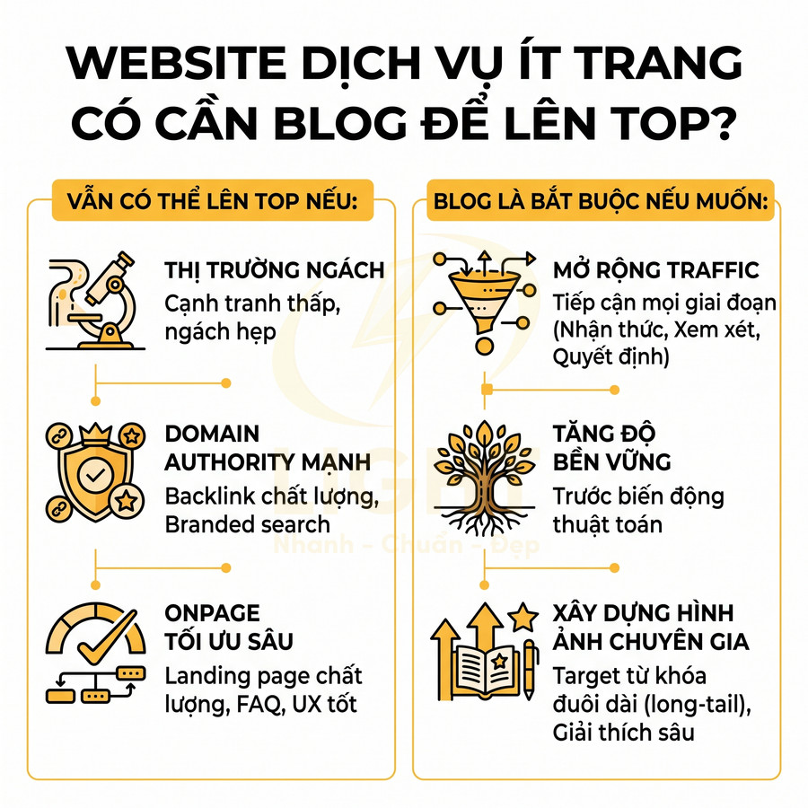 Infographic so sánh lợi ích blog cho website dịch vụ ít trang trong SEO, gồm điều kiện lên top và lý do cần blog