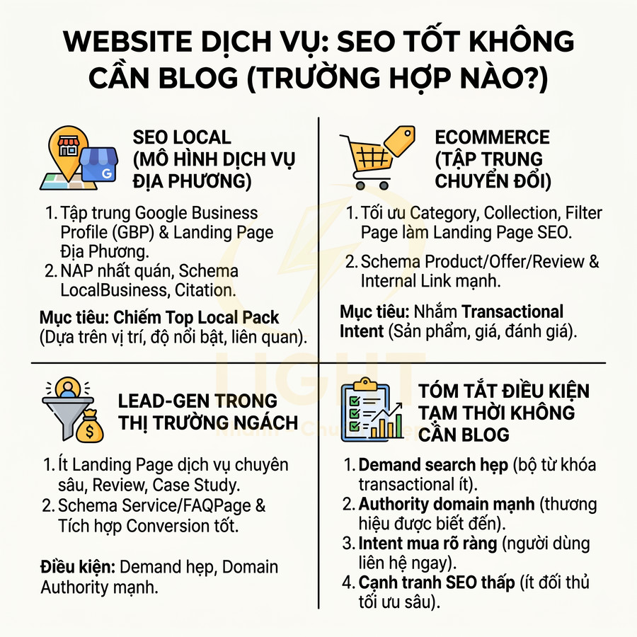 Infographic hướng dẫn các trường hợp website dịch vụ làm SEO hiệu quả mà không cần blog