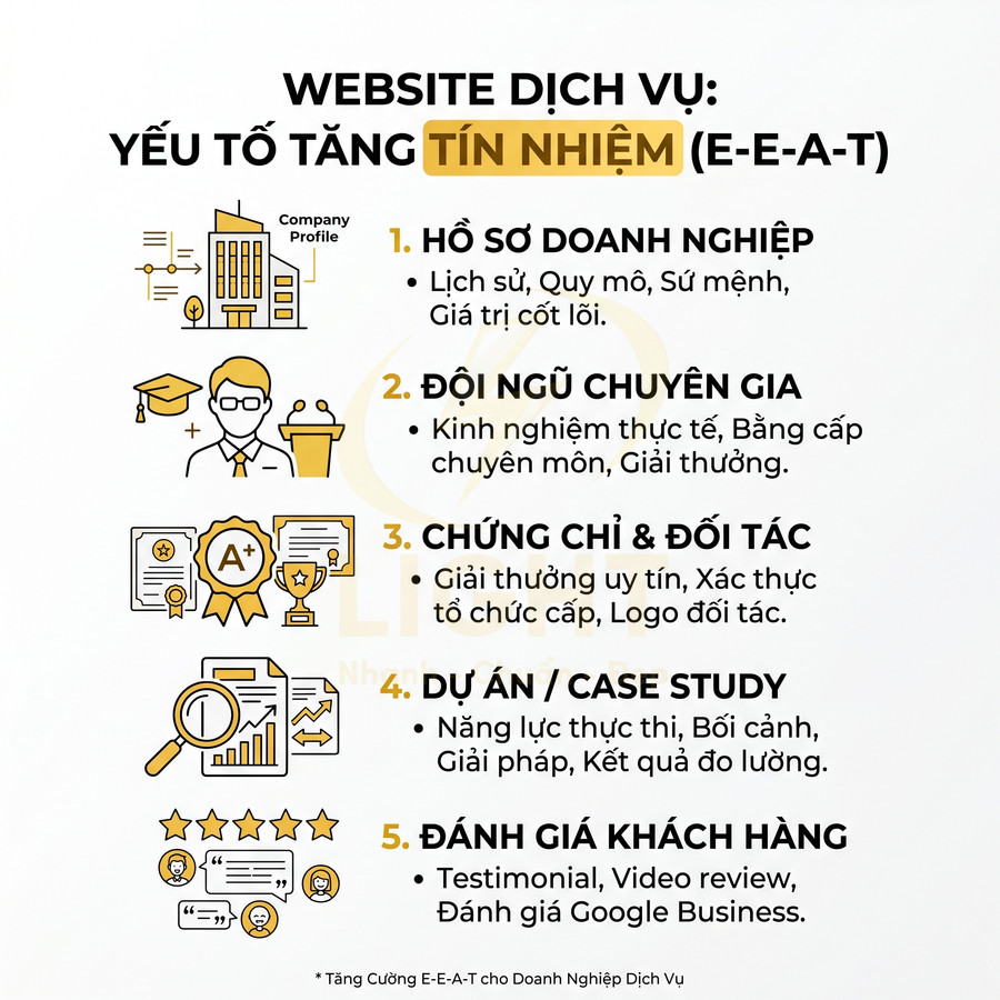 Website dịch vụ liệt kê 5 yếu tố tăng độ tin cậy E-E-A-T với biểu tượng minh họa từng mục