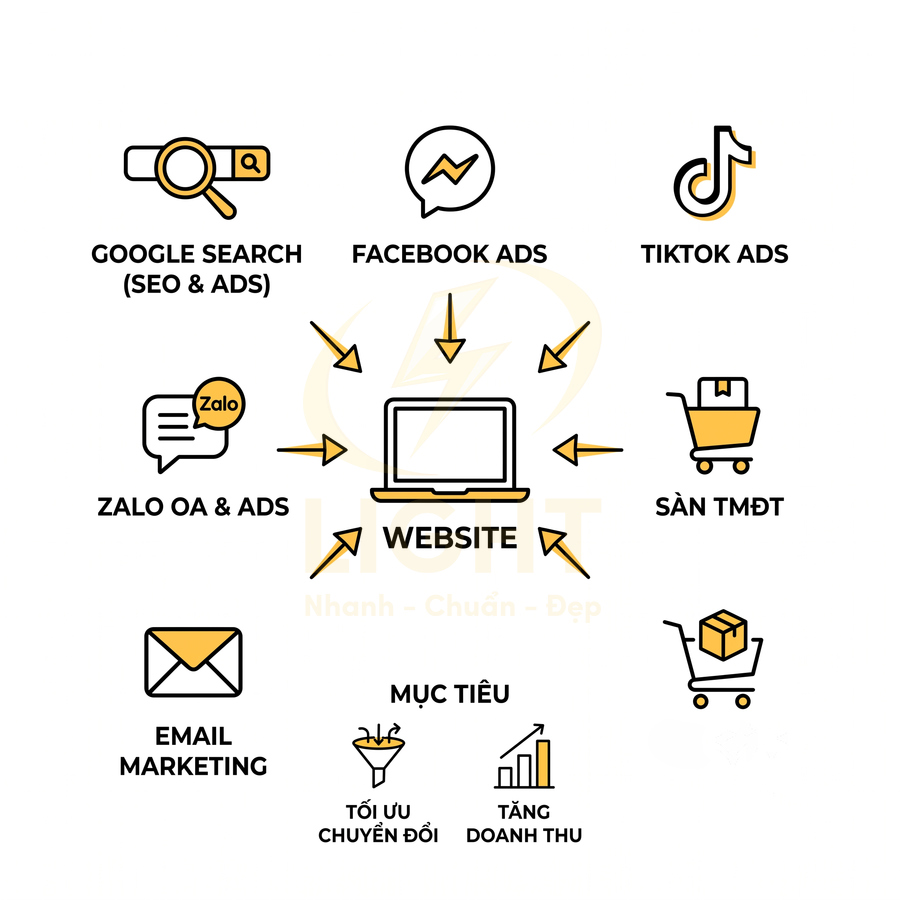 Mô hình marketing đa kênh dẫn traffic từ Google, Facebook, TikTok, Zalo, email, sàn TMĐT về website để tăng doanh thu