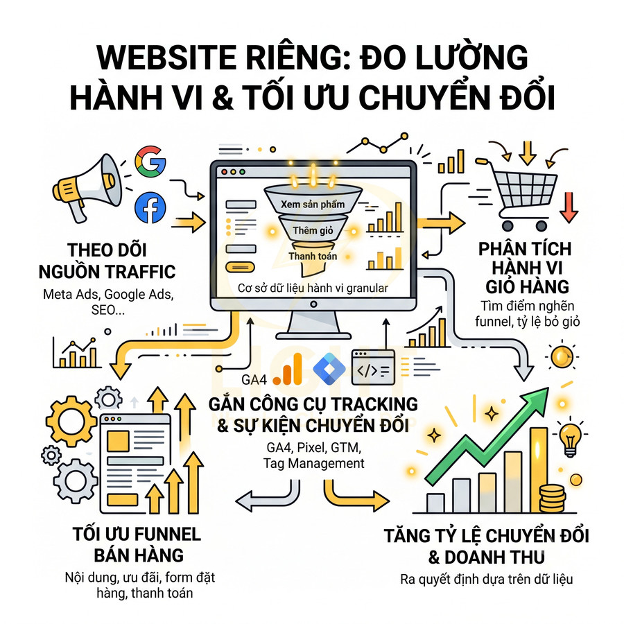 Minh họa quy trình đo lường hành vi, gắn tracking GA4 và tối ưu chuyển đổi cho website bán hàng