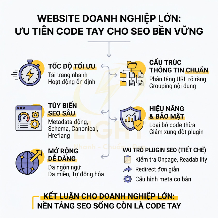 Infographic lợi ích code tay cho SEO website doanh nghiệp lớn như tốc độ tối ưu, bảo mật, cấu trúc chuẩn và tùy biến sâu
