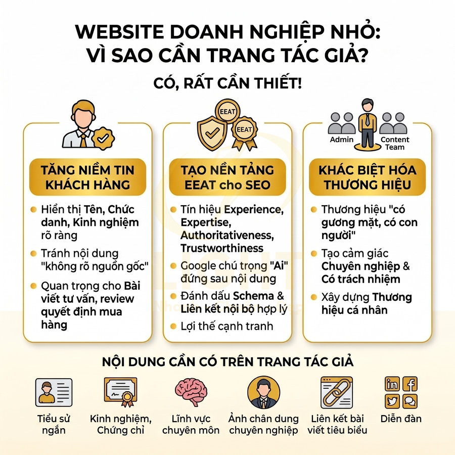 Infographic lợi ích trang tác giả cho website doanh nghiệp nhỏ, tăng niềm tin khách hàng và nền tảng EEAT cho SEO