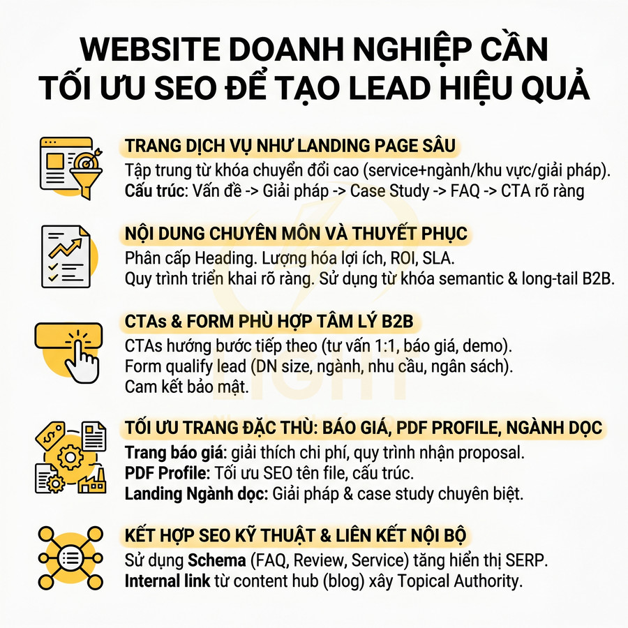 Checklist tối ưu SEO website doanh nghiệp để tạo lead hiệu quả với nội dung, CTA, báo giá và liên kết nội bộ