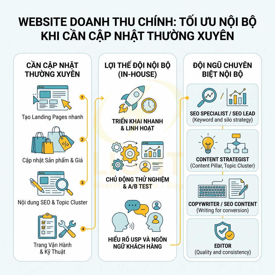 Infographic tối ưu nội bộ website doanh thu chính với lợi ích đội ngũ inhouse và các vị trí SEO chuyên trách