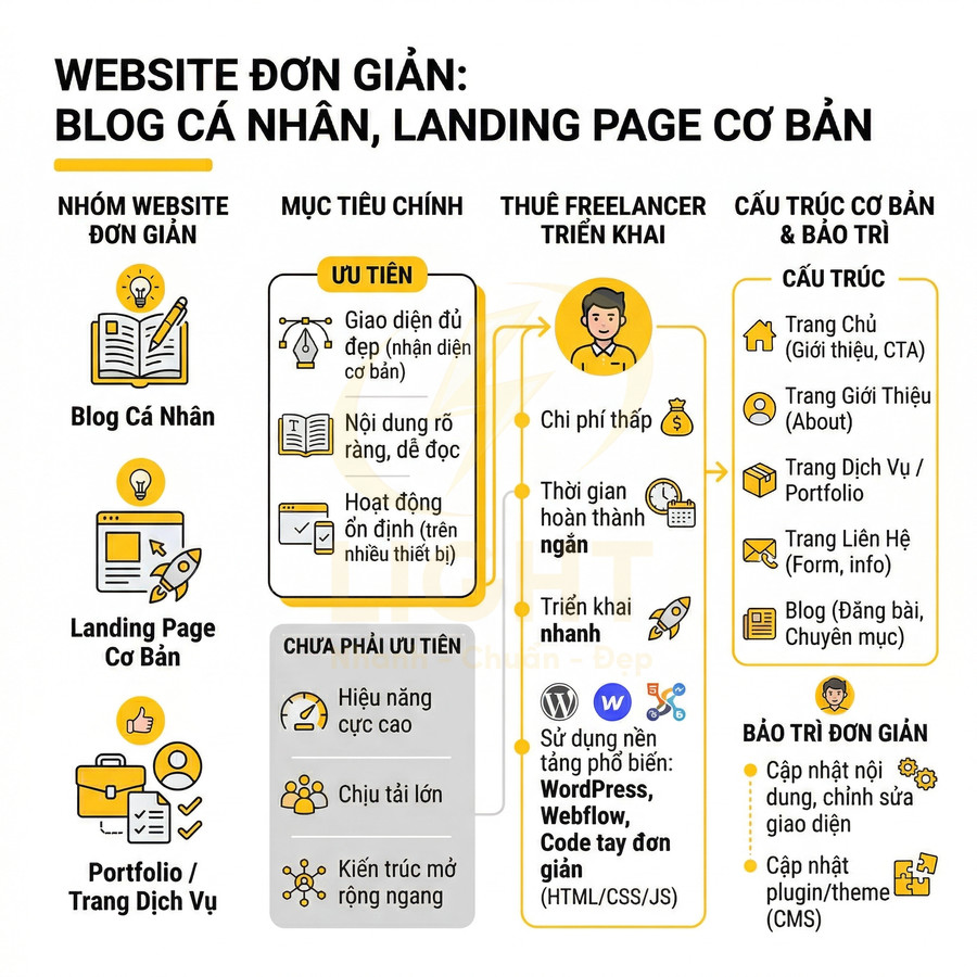 Infographic hướng dẫn làm website đơn giản cho blog cá nhân và landing page cơ bản, ưu tiên giao diện đẹp và dễ bảo trì
