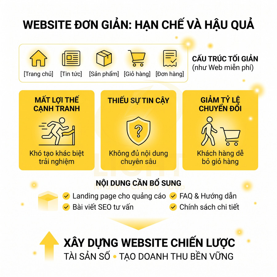 Infographic về hạn chế của website đơn giản và gợi ý xây dựng website chiến lược tăng chuyển đổi