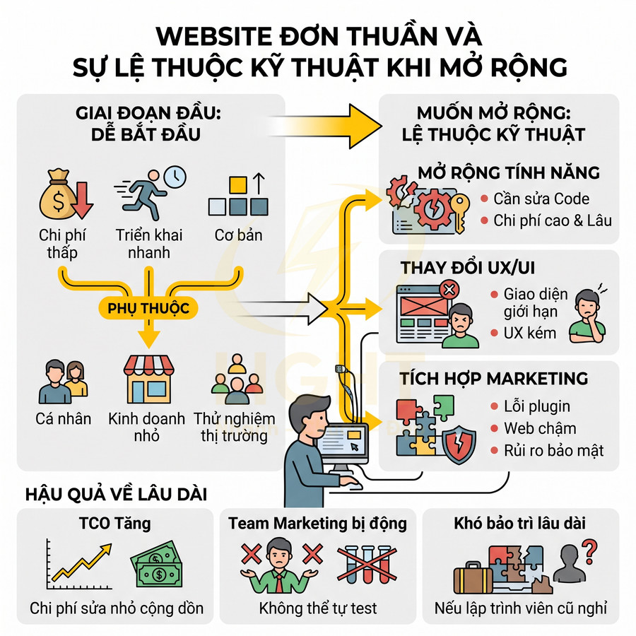 Infographic mô tả website đơn thuần và sự lệ thuộc kỹ thuật khi mở rộng tính năng, UX UI và tích hợp marketing