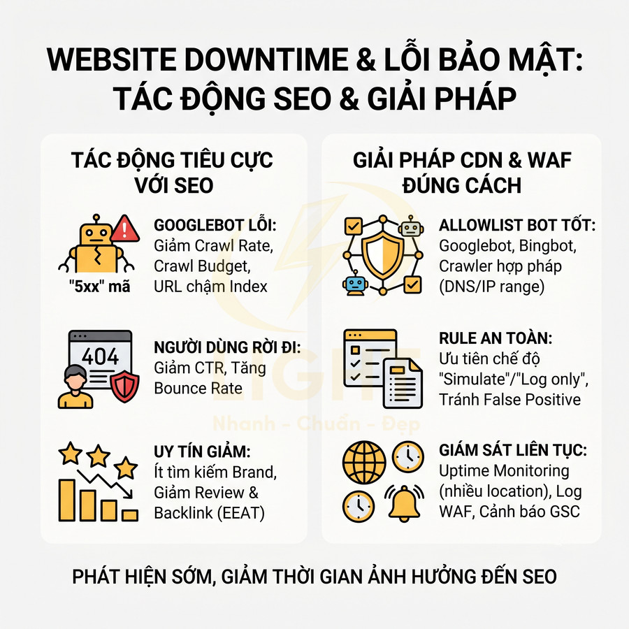 Website downtime và lỗi bảo mật ảnh hưởng SEO cùng giải pháp CDN, WAF, giám sát uptime liên tục