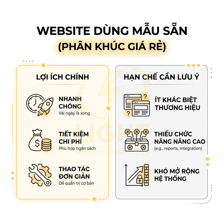 Infographic so sánh lợi ích và hạn chế của website dùng mẫu sẵn phân khúc giá rẻ