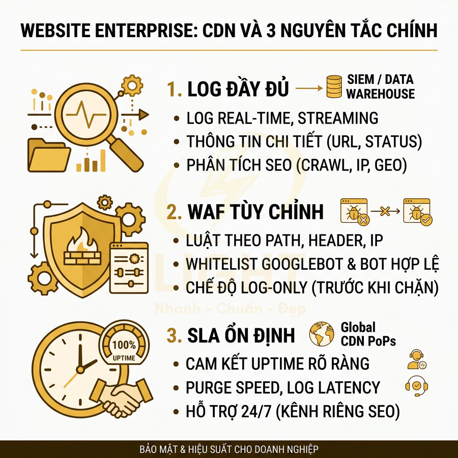 Infographic giới thiệu 3 nguyên tắc chính của CDN cho website enterprise: log đầy đủ, WAF tùy chỉnh, SLA ổn định
