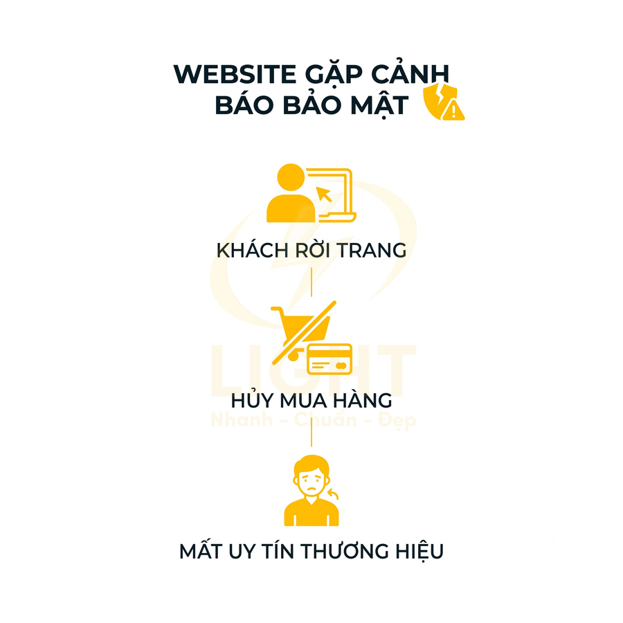 Hình minh họa hậu quả website báo lỗi bảo mật khiến khách rời trang hủy mua hàng và mất uy tín thương hiệu