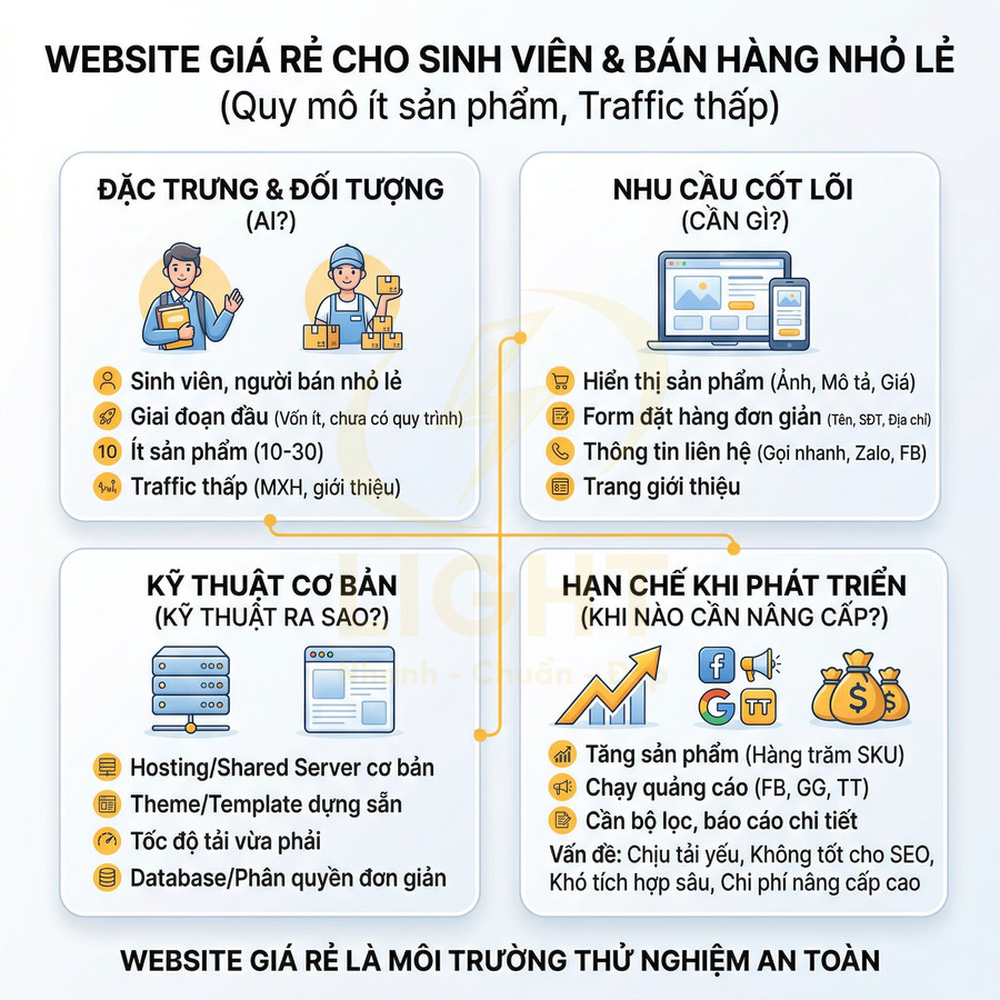 Infographic giới thiệu website giá rẻ cho sinh viên và người bán nhỏ lẻ, nêu đặc trưng, nhu cầu, kỹ thuật và hạn chế