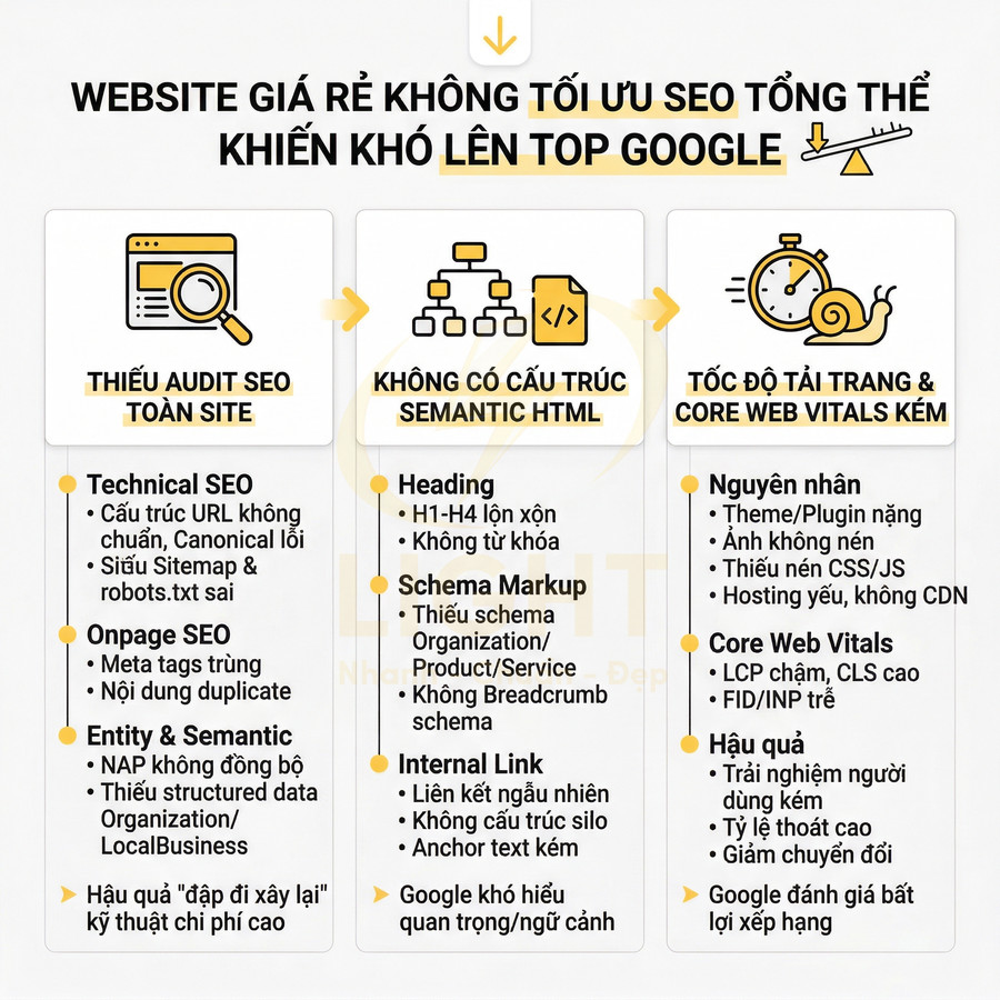 Infographic lý do website giá rẻ không tối ưu SEO tổng thể, thiếu audit SEO, cấu trúc HTML và tốc độ tải trang