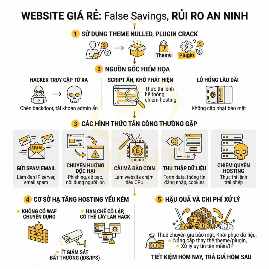Infographic cảnh báo rủi ro bảo mật khi dùng website giá rẻ, theme nulled và hosting kém chất lượng