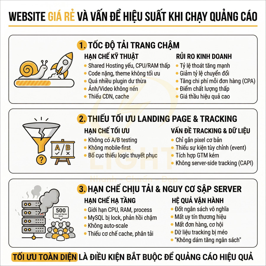Infographic liệt kê hạn chế của website giá rẻ ảnh hưởng tốc độ tải, landing page, tracking và nguy cơ sập server