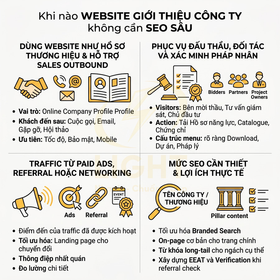 Infographic khi nào website giới thiệu công ty không cần SEO sâu và các mức độ SEO cần thiết