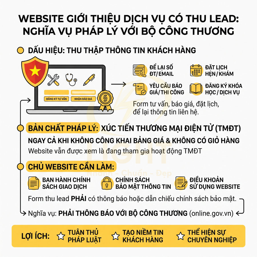 Infographic hướng dẫn nghĩa vụ pháp lý cho website dịch vụ thu lead và thông báo với Bộ Công Thương
