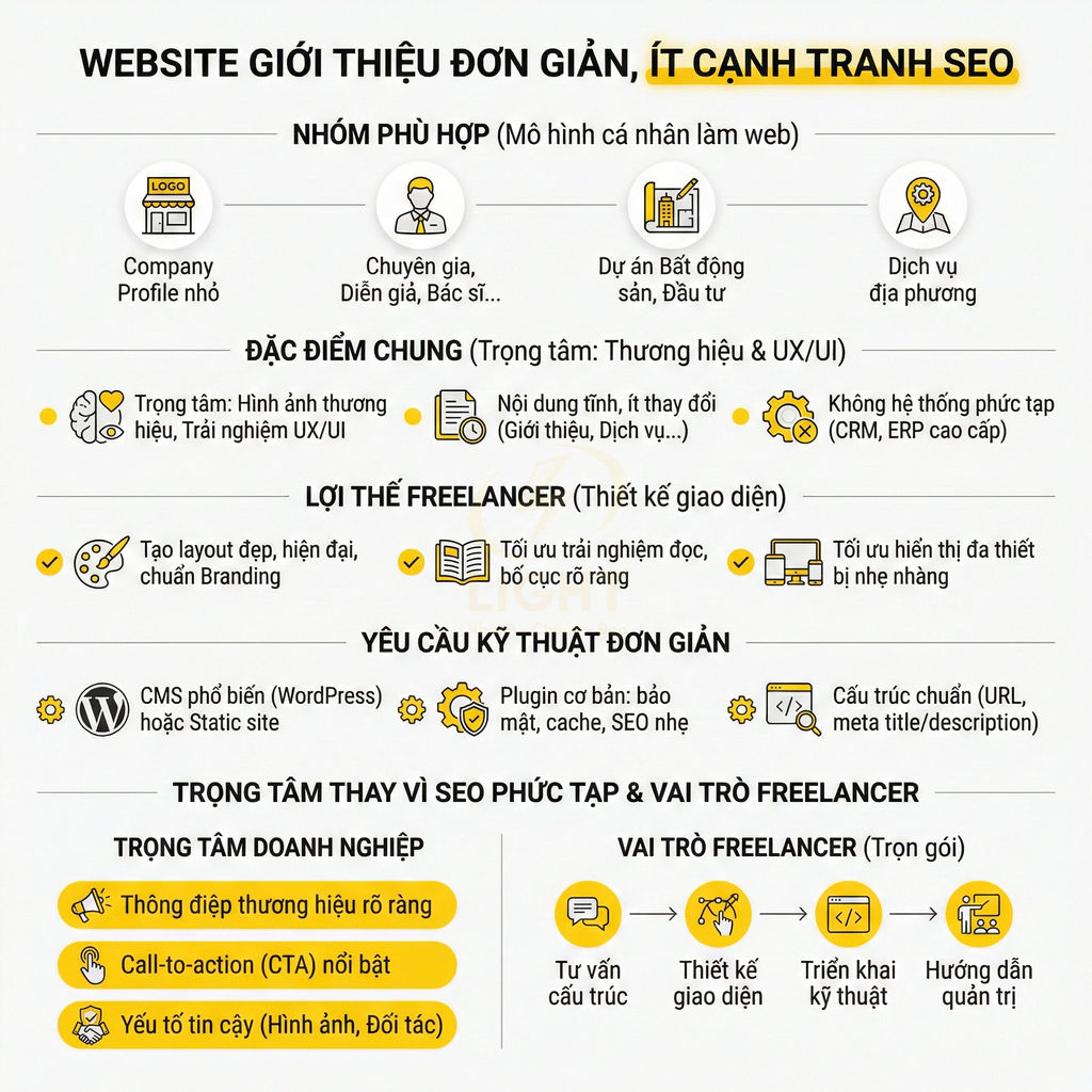 Infographic giới thiệu website đơn giản ít cạnh tranh SEO, nêu nhóm phù hợp, lợi thế freelancer và yêu cầu kỹ thuật