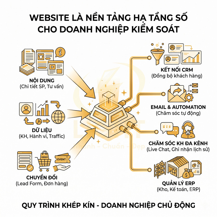 Mô hình website làm hạ tầng số kết nối nội dung, dữ liệu, chuyển đổi với CRM, email, chăm sóc đa kênh và quản lý ERP