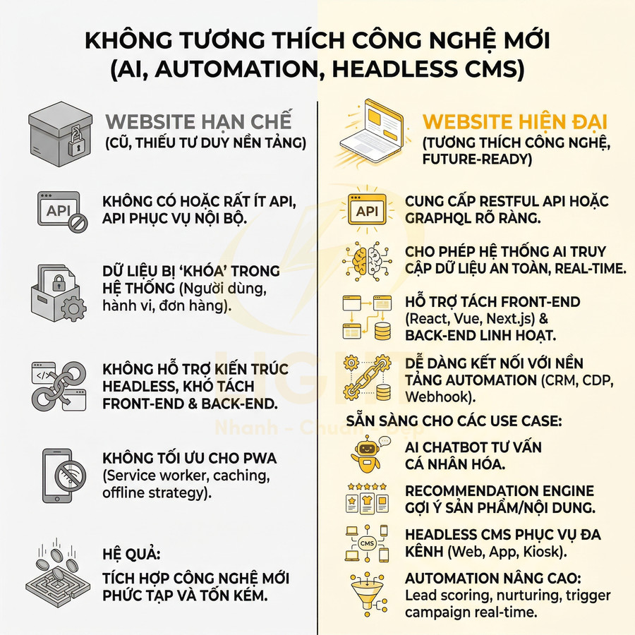 So sánh website hạn chế và website hiện đại tương thích AI, automation, headless CMS, tối ưu tích hợp công nghệ mới