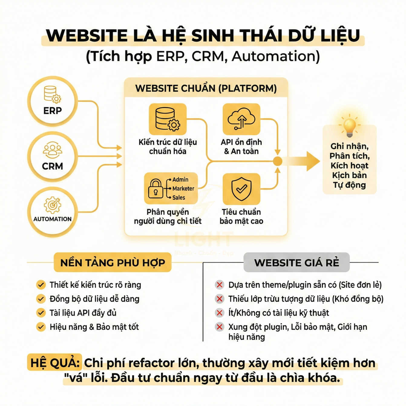 Mô hình website hệ sinh thái dữ liệu tích hợp ERP CRM Automation so sánh nền tảng chuẩn và website giá rẻ
