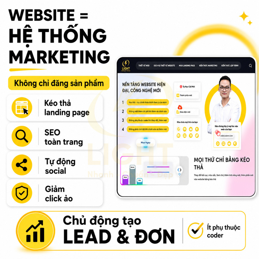 Thiết kế quảng cáo dịch vụ thiết kế website Light, kéo thả landing page, SEO toàn trang, tạo lead và đơn hàng