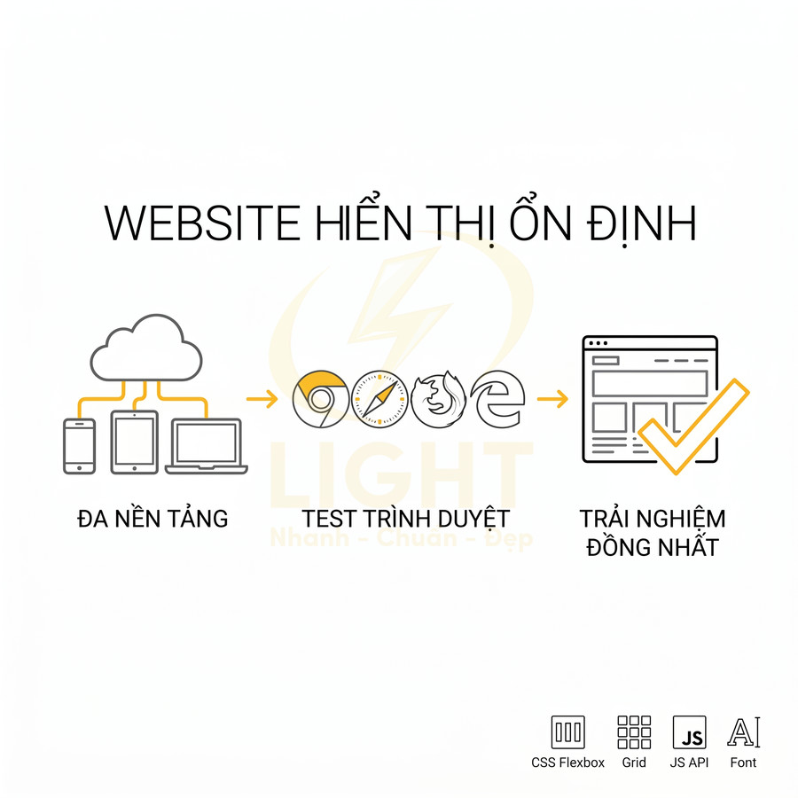Mô tả quy trình tối ưu website đa nền tảng, test trên nhiều trình duyệt để mang lại trải nghiệm hiển thị ổn định