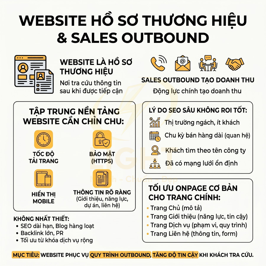 Infographic hướng dẫn xây dựng website hồ sơ thương hiệu và tối ưu sales outbound, tập trung tốc độ, bảo mật, hiển thị mobile