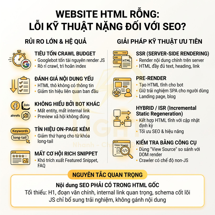Infographic giải thích rủi ro website HTML rỗng với SEO và các giải pháp kỹ thuật như SSR, pre render, hybrid, kiểm tra công cụ