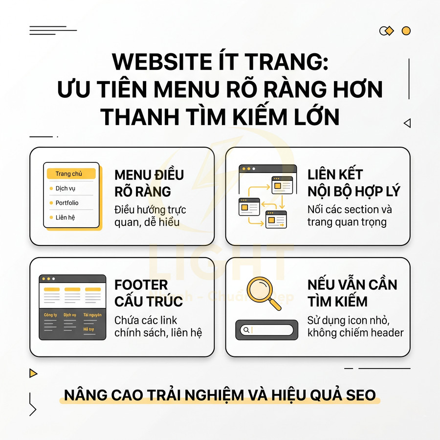 Infographic hướng dẫn tối ưu menu, footer và thanh tìm kiếm cho website ít trang để cải thiện trải nghiệm và SEO