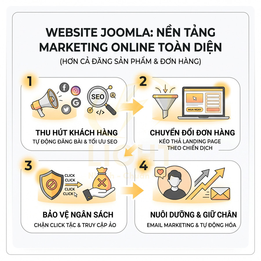 Infographic giới thiệu website Joomla như nền tảng marketing online toàn diện với 4 bước thu hút và giữ chân khách hàng