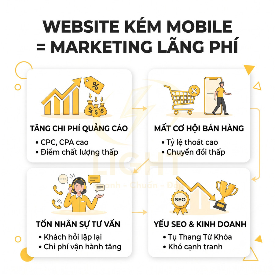 Website kém tối ưu mobile gây lãng phí marketing tăng chi phí quảng cáo mất cơ hội bán hàng tốn nhân sự yếu SEO