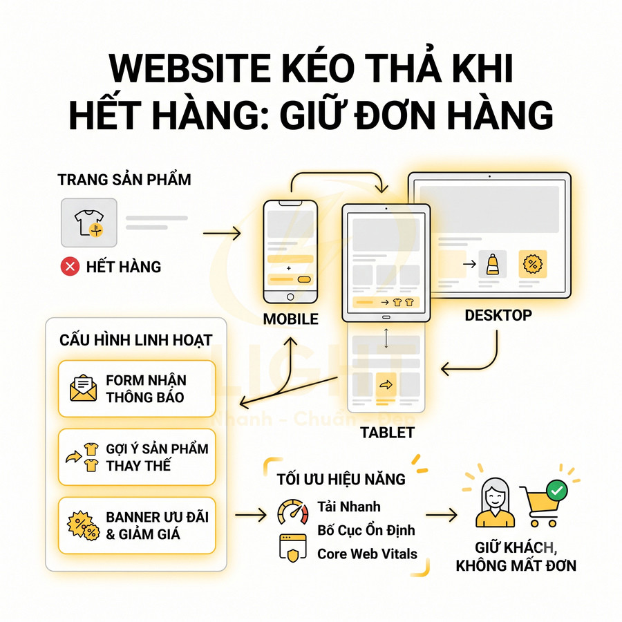Giải pháp website kéo thả giữ đơn hàng khi sản phẩm hết hàng trên mobile tablet desktop